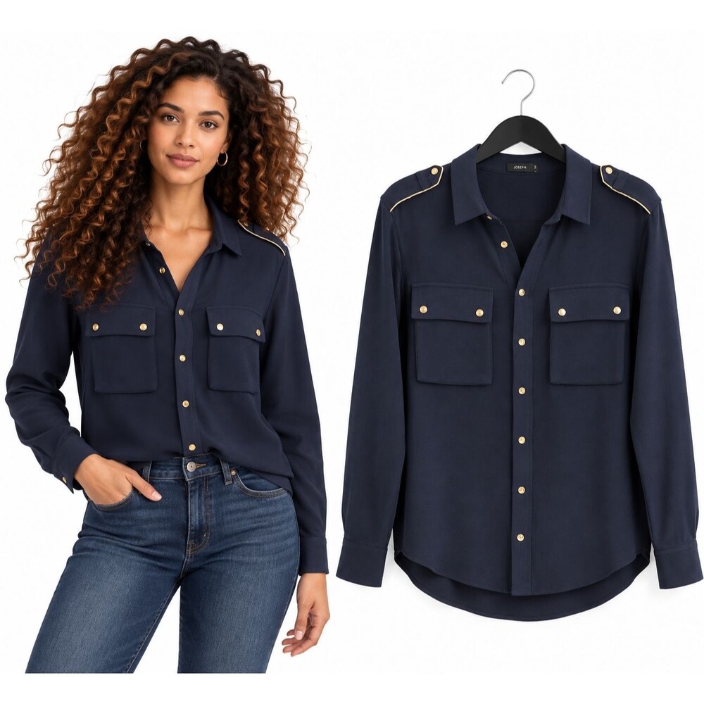 JOSEPH Matte Silk Blouse Shirt Size 38 Gold Button Military Epaulet Pocket Navy